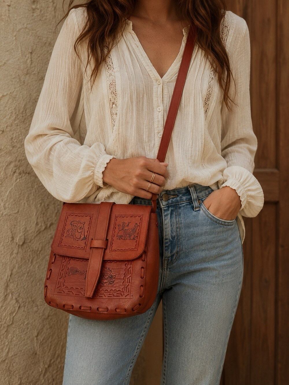 Peruvian Crossbody Bag Embossed Leather Handbag Purse Made in Peru